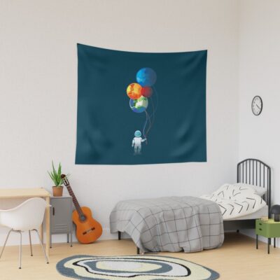 Astronaut In Space Holding Planet Balloon Tapestry